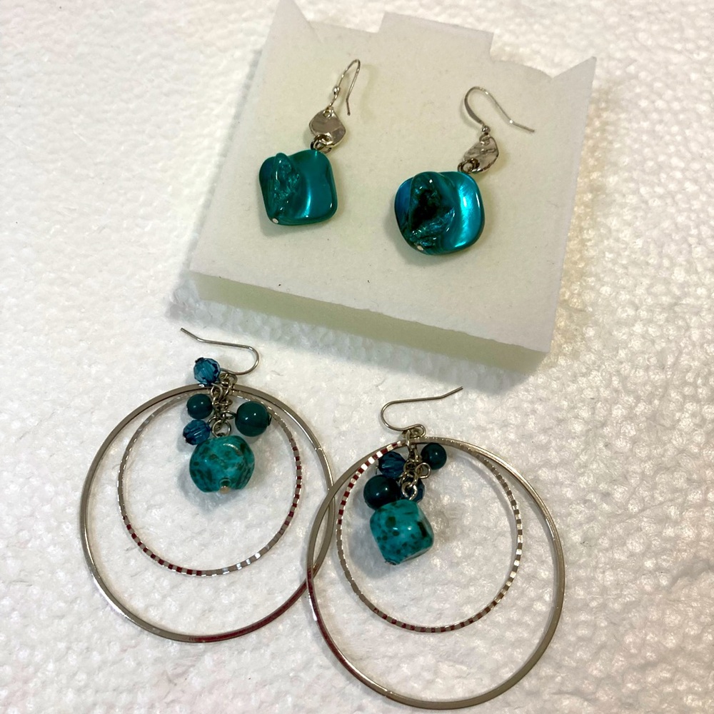 Elegant Silver and Teal Earrings Set ( 2 pairs )